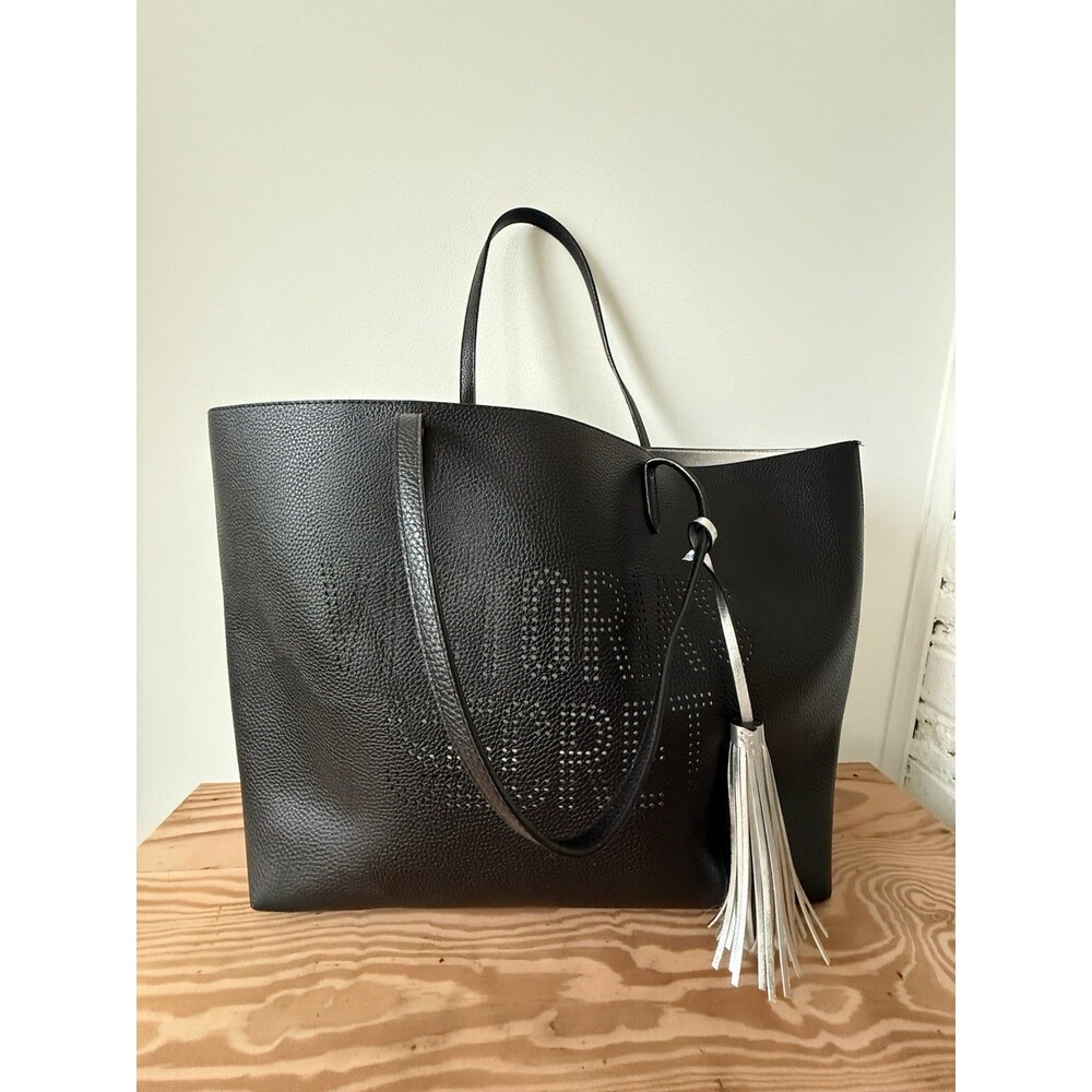 ✿ Victoria’s Secret Large Black Tote Bag Studded Logo Silver Tassel Shopper